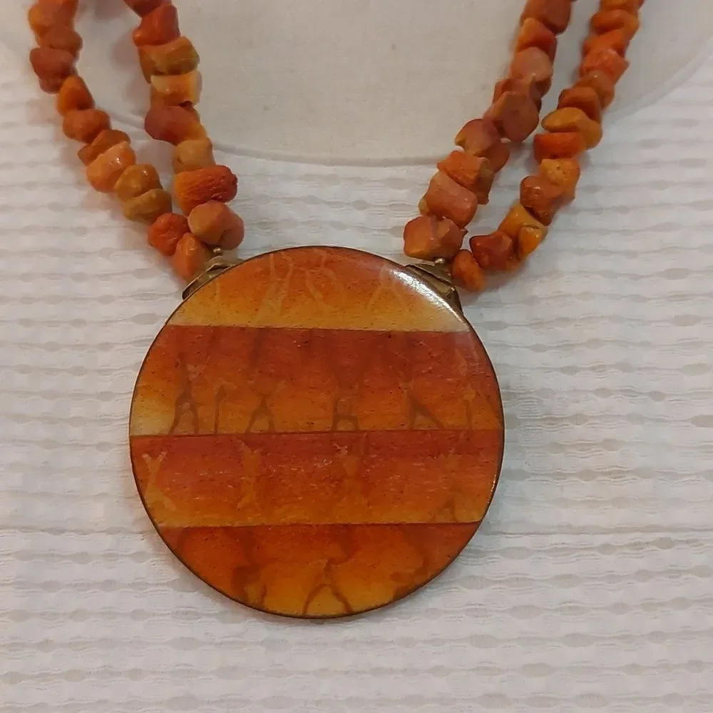 Vintage Genuine Sponge Coral Beads Double Strand Necklace Red Orange Pendant - Picture 4 of 9